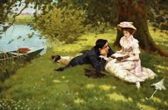 a painting of two people sitting in the grass near a river and one is reading a book