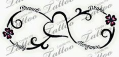 the word love with hearts and flowers in black ink on a white background, which reads tattoo