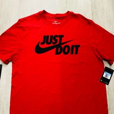 Brand New! With Tag Just Do It! Standard Fit Nike Casual Top In University Red, Red Crew Neck T-shirt With Letter Print, Casual Red Shirt With Letter Print, Nike University Red Crew Neck T-shirt, Nike Casual T-shirt In University Red, Nike Red Tops For Streetwear, Red Nike Tops For Streetwear, Sporty Red Shirt With Letter Print, University Red Crew Neck Top With Logo