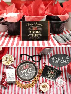 a red and white table topped with lots of food