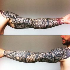 two pictures of a man's arm with tattoos on it and another photo of his arm