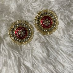 Brand New Color: Red & Gold Size: Oversized Style: Traditional South Asian Studs (Ear Rings) Message For Questions! Make A Offer! Red Earrings For Festivals And Parties, Festive Red Round Earrings, Red Earrings For Party And Festivals, Skull Cupcakes, Gold Studs Earrings, Oversized Hoop Earrings, Teardrop Jewelry, Evening Accessories, Tassel Earing