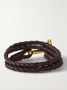 TOM FORD's bracelet is understated, but has a polished gold-plated T-bar fastening to add a little shine and personality to everyday outfits. It's been intricately woven in Italy from dark-brown leather and will wrap around an average-sized wrist several times. Luxury Leather Bracelet With Gold-tone Hardware For Formal Occasions, Luxury Leather Bracelet With Gold-tone Hardware For Formal Events, Luxury Everyday Leather Bracelet, Tom Ford Leather, Tom Ford Bag, Tom Ford Men, Braided Leather Bracelet, Bracelet For Men, Latest Jewellery