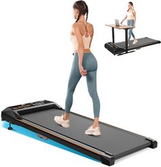 a woman is walking on a treadmill while using her laptop computer to do exercises