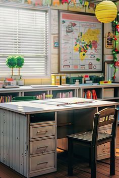 an empty classroom with desks and chairs