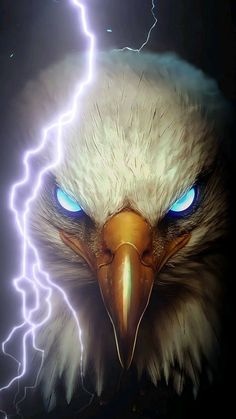 an eagle with blue eyes and lightning in the background