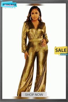 Sparkly Long Sleeve Wide Leg Jumpsuits Chic V-neck Jumpsuits And Rompers For Winter, Gold Fitted Jumpsuit For Party Season, Gold Fitted Jumpsuits And Rompers For Party Season, Glamorous Fitted Gold Jumpsuits And Rompers, Fitted Gold Jumpsuit For Party Season, Fitted Gold Jumpsuits And Rompers For Party Season, Gold Stretch Jumpsuits And Rompers For Party, Gold Stretch Jumpsuit For Night Out, Chic Long Sleeve Bodysuit For Party Season