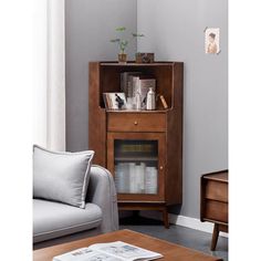 a living room scene with focus on the end table and bookcase in the corner