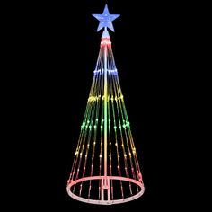 a lighted christmas tree with multicolored lights on it's sides and a star at the top