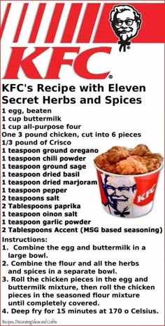 an advertisement for kfc's recipe with eleven secret herbs and spices