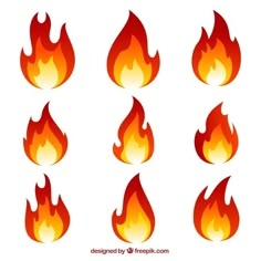 fire flames with different shapes and colors on the white background, set of eight flames