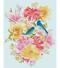 two birds sitting on top of flowers in the middle of a blue and yellow background