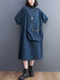 Sku CY-!125365 Material < 30% Polyester , Denim , >70%Cotton Style Loose , A-line , Long Sleeves Feature Pockets , Fringed , Split-joint Neckline Round-neck Occasion Vintage , Leisure Fashion Seasons Spring , Autumn Type Midi Dresses Color BLUE Size M,L,XL,2XL Please consult the size chart we provide for this item's measurements to help you decide which size to buy.Please note: There may be 1-3cm differ due to manual measurement. CMINCH Bust Raglan Sleeve Length Sleeve Opening M 132 62 110 32 L Spring Crew Neck Dress With Pockets, Non-stretch Blue Denim Dress For Fall, Blue Relaxed Fit Denim Dress For Fall, Blue Patchwork Casual Denim Dress, Casual Patchwork Dark Wash Dresses, Winter Blue Cotton Denim Dress, Casual Blue Denim Patchwork Dress, Blue Denim Winter Dress, Blue Denim Dress For Winter