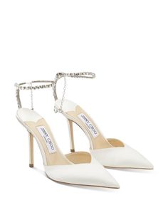 Jimmy Choo Women's Saeda 100 Embellished Pointed Toe Pumps Jimmy Choo Saeda, Ivory Pumps, Crystal Anklet, Satin Pumps, White Pumps, Moon Boots, Valentino Studs, Pump Shoes, Jimmy Choo