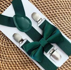 Emerald Satin Bow Tie & Emerald Suspenders Set - PERFECT for a Wedding, Groomsman or Ring Bearer Outfit!This set is a great choice for family photos, wedding, ring bearer outfit, birthday celebration or any other special occasion. ❤*Sizing: Please Check Measurements Before Ordering*Note: If your gentleman wears larger clothing for his age, we recommend going by the clothing size to be safe. Any other questions on this, please just ask!Small: 6 months - 6 years•Bow Tie: 3.5in wide•Suspenders: Ela Green Bow Tie And Suspenders, Emerald Green Bow Tie, Groomsmen Ring, Green Bowtie, Quince Stuff, Green Suspenders, Wedding April, Tie And Suspenders, Derby Ideas