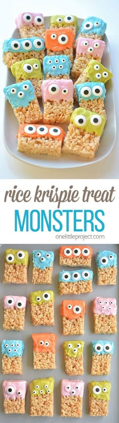 rice krispy treats with monster eyes on them and the words, rice krispie treat monsters