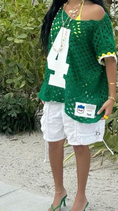 Holiday Outfit Inspo Summer 2024, Green And White Crochet Top, Vacation Birthday Outfits Black Women, Crochet Vacation Outfit, Vacation Outfits Shorts, Jamaican Outfits For Women, Nyc Summer Outfits 2024, Jamaica Clothes, Jamaica Fits