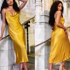 New With Tag Gold Midi Dress For Summer Dinner, Yellow Fitted Slip Dress For Evening, Fitted Yellow Slip Dress For Evening, Gold Midi Length Slip Dress For Evening, Chic Gold Midi Slip Dress, Elegant Yellow Slip Dress For Evening, Elegant Yellow Evening Slip Dress, Chic Yellow Slip Dress For Night Out, Yellow Silk Dress For Night Out