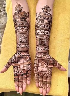 two hands with henna tattoos on them, one is showing the intricate design and the other has an ornate frame