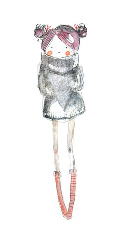 a watercolor drawing of a girl in winter clothes