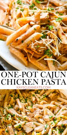 one pot cajun chicken pasta with parmesan cheese on top and another close up photo