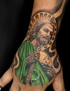 Virgin Mary And San Judas Tattoo, San Judas Hand Tattoo, Durango Mexico Tattoos, San Judas Tadeo Tattoo Color, San Judas Tattoo Women, Noel Tattoo, Bea Tattoo