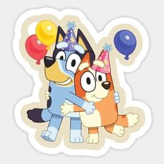 two cartoon dogs are hugging each other with balloons in the air behind them, one dog is wearing a party hat