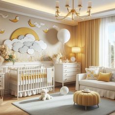 a baby's room decorated in yellow and white with clouds on the wall above it