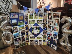 a collage of photos is displayed on a table next to balloons and streamers