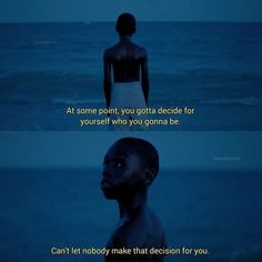 a woman standing in front of the ocean at night with a quote on her face