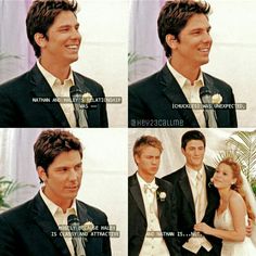 there are four pictures of the same man and woman in wedding attire smiling at each other