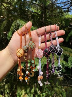 I can replace each keychain ring with a chain and lobster claw clasp for easy hanging from your rearview mirror! Just let me know in the personalization box or send me a message! if you do not add a personalization or send me a message you will receive a keychain:) Each handmade macrame keychain is unique. They are all made with a variety of crystals, beads, and charms. Each crystal has been simply knotted with embroidery thread. They would all look super cute as a keychain, car charm on your re Celestial Whimsigoth, Crystal Macrame, Mirror Car Accessories, Crochet Car, Crystals Beads, Rear View Mirror Decor, Macrame Keychain, Keychain Ring, Witchy Crafts