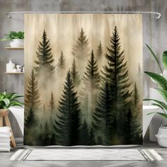 a shower curtain with trees in the fog