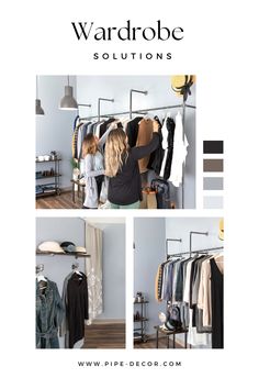 Stylish and functional pipe clothing racks and shelves showcasing wardrobe solutions with an industrial chic look. Racks And Shelves, Wall Mounted Clothing Rack, Pipes And Fittings, Industrial Pipe Furniture, Industrial Clothing, Industrial Chic Decor