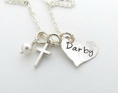 SALE Confirmation or First Communion Gifts by TracyTayanDesigns Silver Cross Jewelry With Name, Personalized Sterling Silver Necklace For Baptism, Personalized Silver Jewelry For First Communion, Personalized Silver Necklace For First Communion, Personalized Cross Jewelry For First Communion, Personalized Silver Jewelry For Baptism, Personalized Sterling Silver Jewelry For Baptism, Custom Name Silver Jewelry For Baptism, Silver Name Jewelry For Baptism