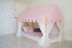 By adding curtains and roof canopy to your Montessori house bed, you can turn it into a cozy place for playing, reading or sleeping. It creates an amazing atmosphere for your child. This listing includes only curtains/roof canopy for Montessori bed frame. Fabric: duck cotton (70% cotton, 30% polyester), density = 220g/m2, tulle All curtains have loops with velcro on the top to mount it. You can use it with any bed frame. Every curtain comes with a tie to fix it. To order the curtains or the roof Canopy For Bed, Montessori Bed Frame, House Bed Canopy, Bed Frame Fabric, Montessori House Bed, Montessori House, Roof Canopy, Tent House, Montessori Bed