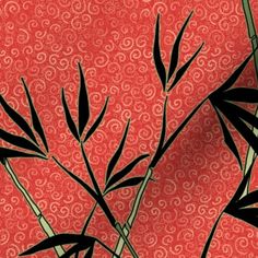 a red background with black bamboo leaves and swirls