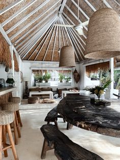 the inside of a house with wooden tables and stools