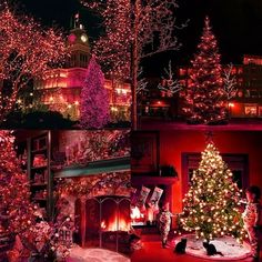 the christmas tree is lit up in red and white lights, with other decorations around it