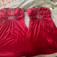 I Have Three Beautiful Red Dresses With Beading That Have Never Been Worn. They Were Purchased For Bridesmaid And Then The Color Of The Wedding Changed. I Have Two Size Mediums And One Size Small. Selling $15 Each. New With Tags. This Dress Is Very Flattering As It Has Support In The Strapless Chest Area And Really Nice Ruching In The Back. Red Embellished Strapless Dress, Strapless Red Embellished Dress, Red Sleeveless Dress With Rhinestones, Red Embellished Homecoming Dress, Dresses With Beading, Red Strapless Dress, Beautiful Red Dresses, Red Dresses, Dresses Red