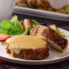 meatloaf with gravy and strawberries on the side