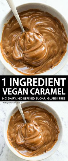 two bowls filled with vegan caramel and the words, 1 ingredient vegan caramel