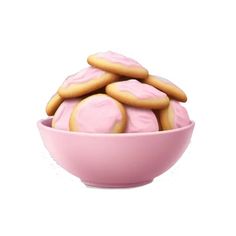 a pink bowl filled with cookies on top of a white table