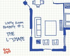 the floor plan for an apartment is shown in blue and white paper with red lettering on it