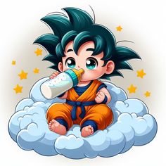 a cartoon baby sitting on top of a cloud drinking from a bottle