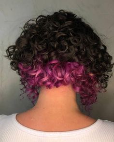 Purple Peekaboo Highlights Curly Hair, Hair Color Ideas Short Curly Hair, Undercut Dyed Hair Curly, Short Curly Hair Peekaboo Color, Pink And Purple Curly Hair, Curly Hair Color Ideas Purple, Dyed Tips Curly Hair, Short Curly Hair Dye Ideas