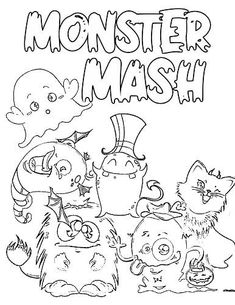 the monster mash coloring page is shown in black and white, with monsters surrounding it