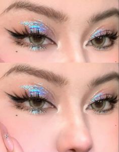 Eyeshadow Colors For Cool Skin Tones, Intense Eyeshadow Looks, Opal Makeup Look, Colorful Natural Makeup, Holo Eye Make Up, Fairy Costume Makeup Glitter, Blue Iridescent Eye Makeup, Out Of This World Makeup, Holographic Glitter Makeup