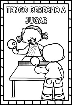 a coloring page with a girl and boy playing ping pong in front of a table