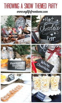 a collage of photos showing different types of food and drinks on display in front of the words throwing a snow themed party